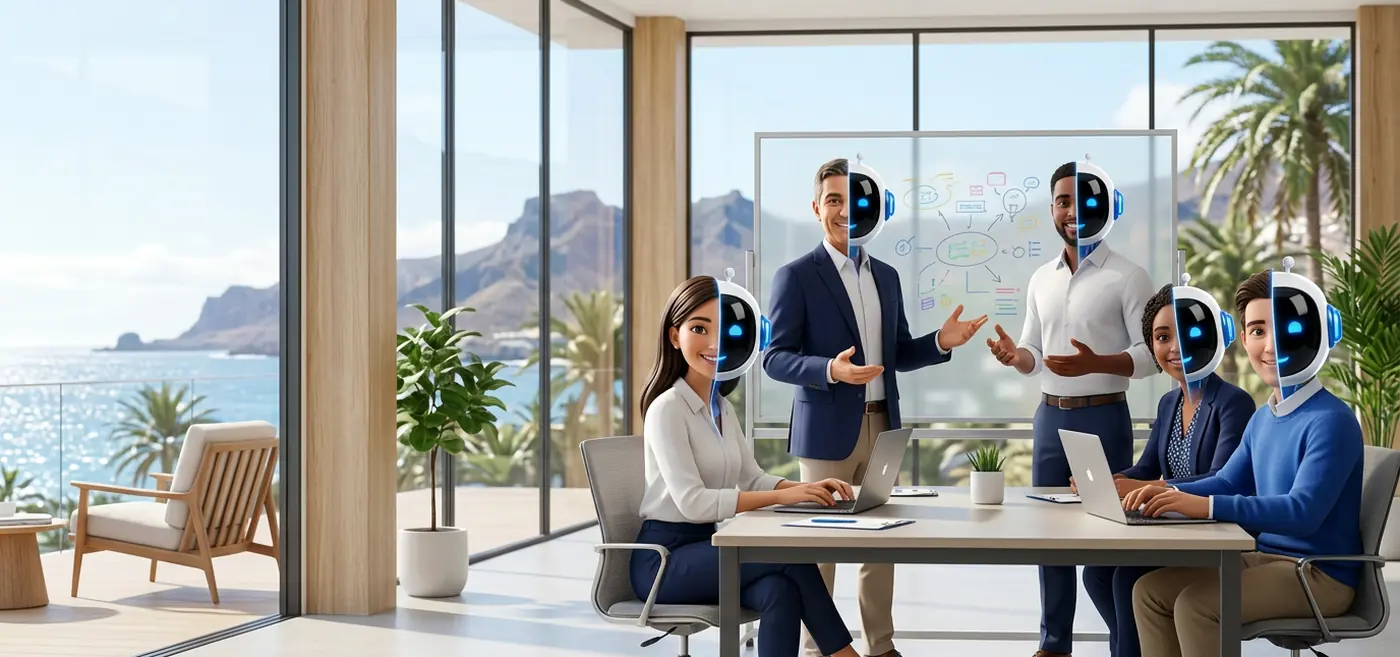 Equipo de empleados de inteligencia artificial de Empleados IA, mitad persona y mitad IA, trabajando juntos en una oficina con vistas al mar de Gran Canaria